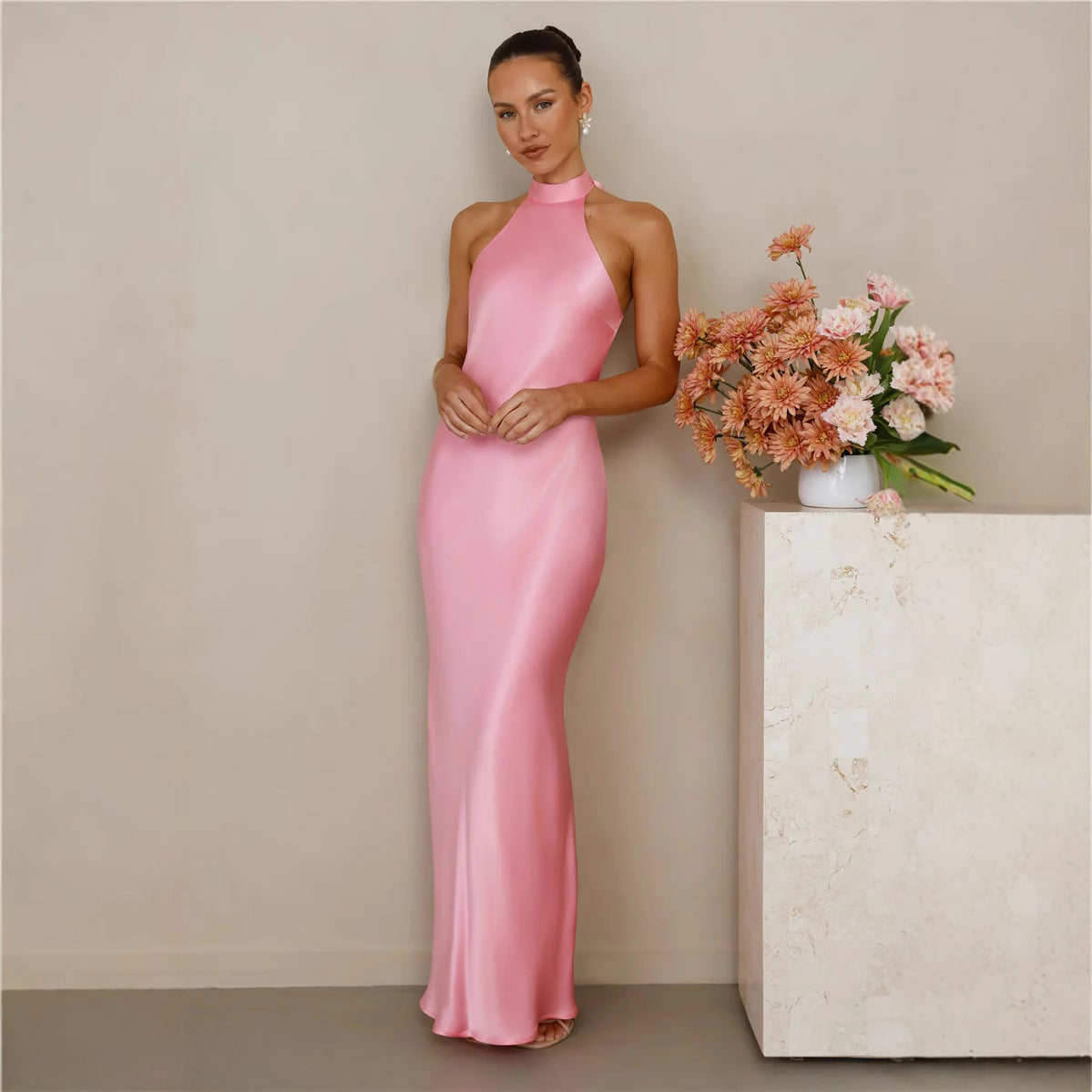 Womens Stylish Halter-neck Fitted Dress With Tie Details