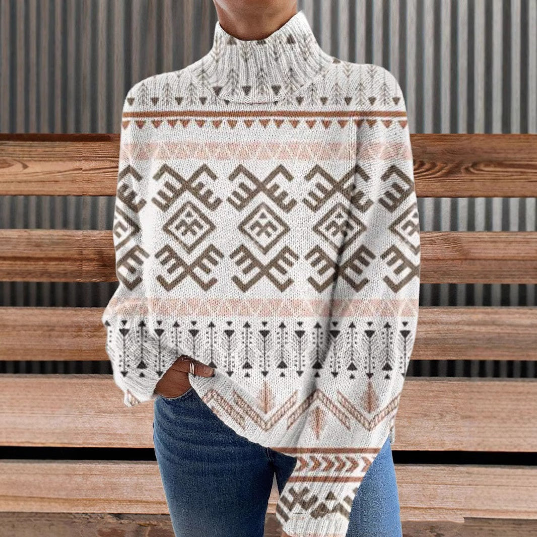 3D Striped Pattern Printed Turtleneck Long Sleeve Sweater