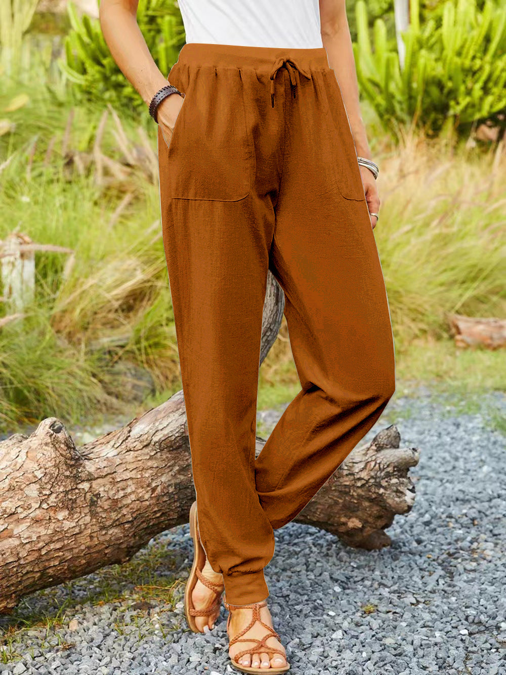 Casual Elastic Cotton And Linen Pants