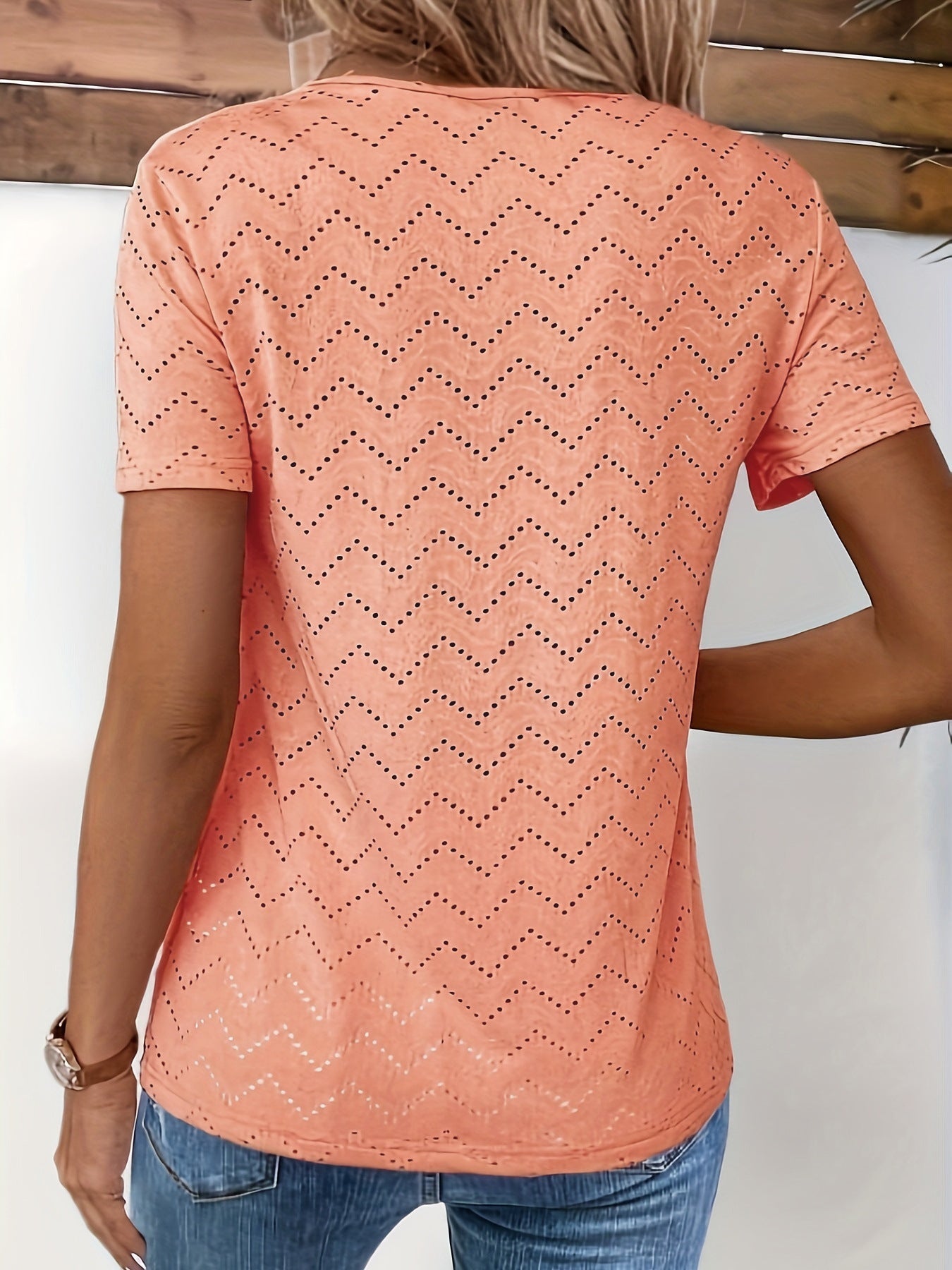 Women's Solid Color Hollow-out Pleated Fake Button Round Neck T-shirt