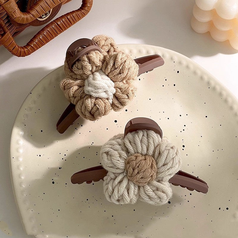 Cute Maillard-colored Yarn Flower Hair Clip