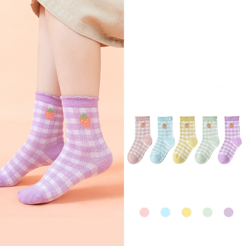 Children's Socks French Plaid Strawberry Cute Cartoon
