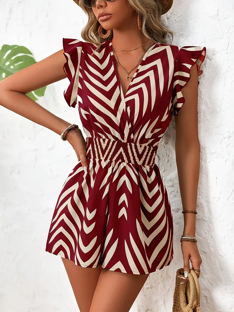 European And American Printed Overalls Women's V-neck Sleeveless Jumpsuit
