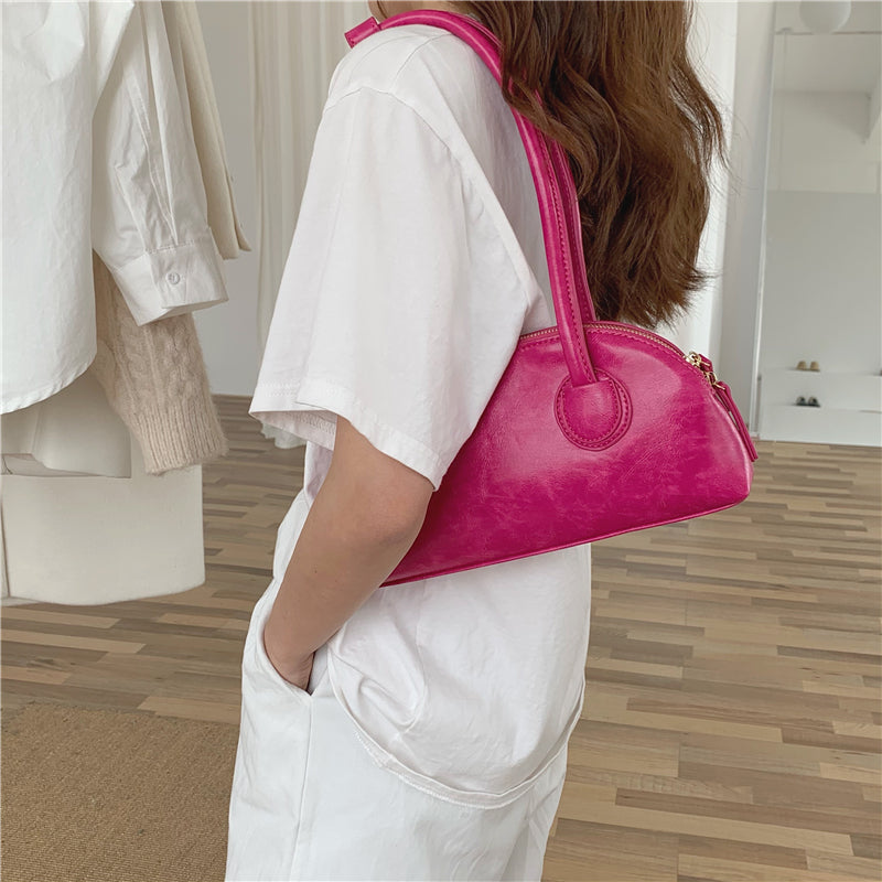 Candy Color Shell Bag Retro Oil Wax Stick Bag Versatile Long Handle Shoulder Bag Armpit Bag Casual Boston Bag