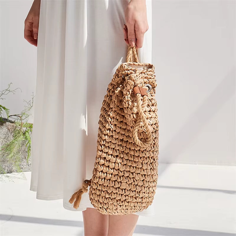 2023 Summer Women's Handmade Straw Backpacks - Casual Drawstring Beach Shoulder Bags in Raffia Rattan Woven Design