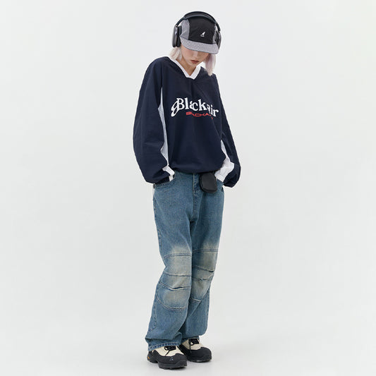 Letter V-collar Contrast Color Couple Long Sleeve Pullover Hoodie