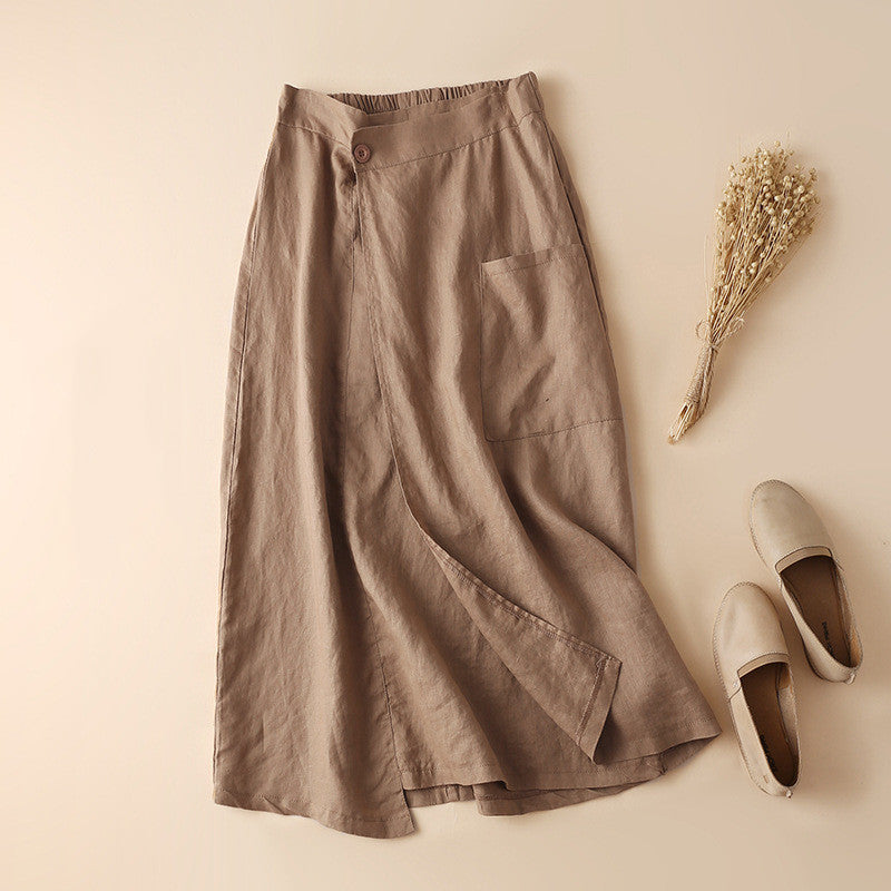 Women Elastic Waist Linen Knee-length A-line Skirt