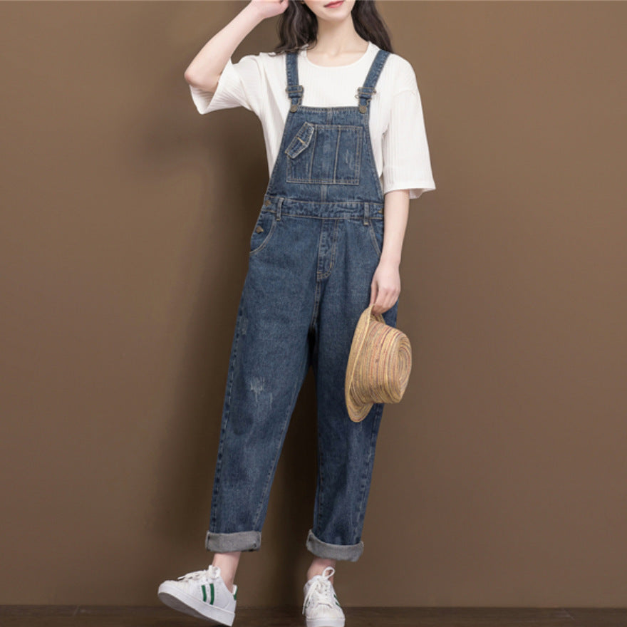 Artistic Washed Denim Cotton Suspender Pants Student Female