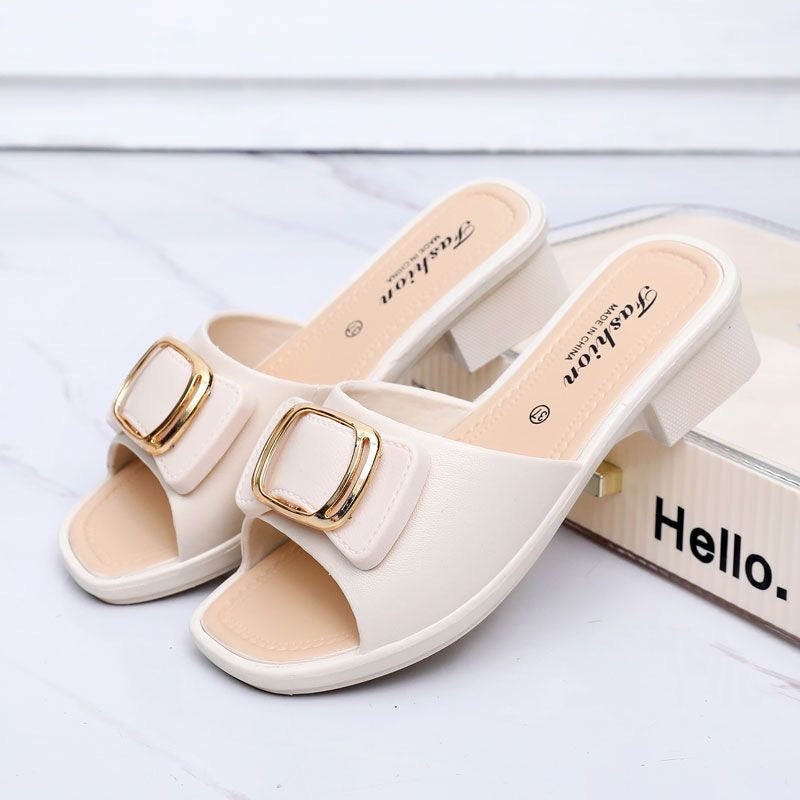 High Heel Slippers Women's Summer Slippers Korean Style Internet Celebrity Buckle Chunky Heel Lady Mom Slippers Outdoor Beach Shoes