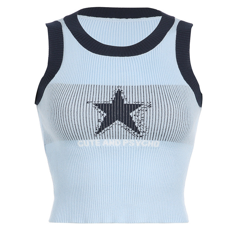 Star Contrast Color Vest Sleeveless Slimming Short Top