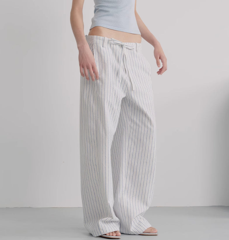 Striped Blue And White Drawstring Banana Pants