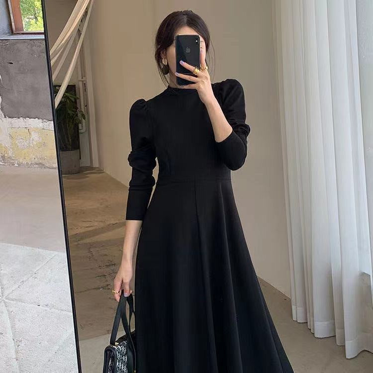 Womens Solid-Color Casual Long-Sleeve Swing Dress