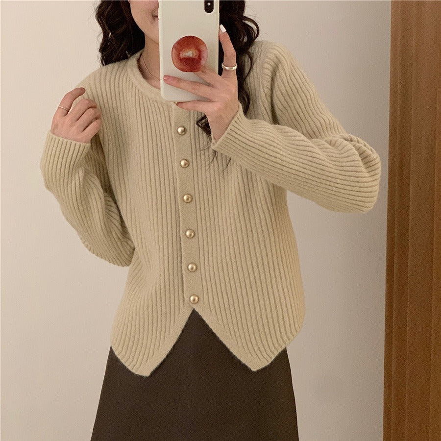 Irregular Crew Neck Knitted Cardigan Slim-fit Sweater Coat