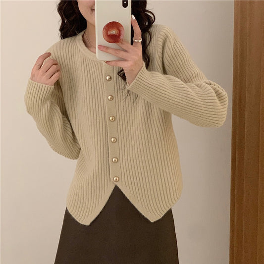 Irregular Crew Neck Knitted Cardigan Slim-fit Sweater Coat
