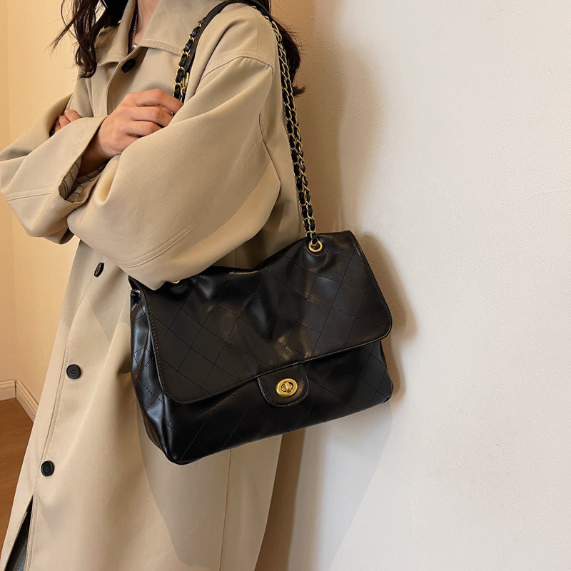 Retro Enkel Taske med Stor Kapacitet, Diamantmønstret Kædetaske, Skuldertaske/Crossbody