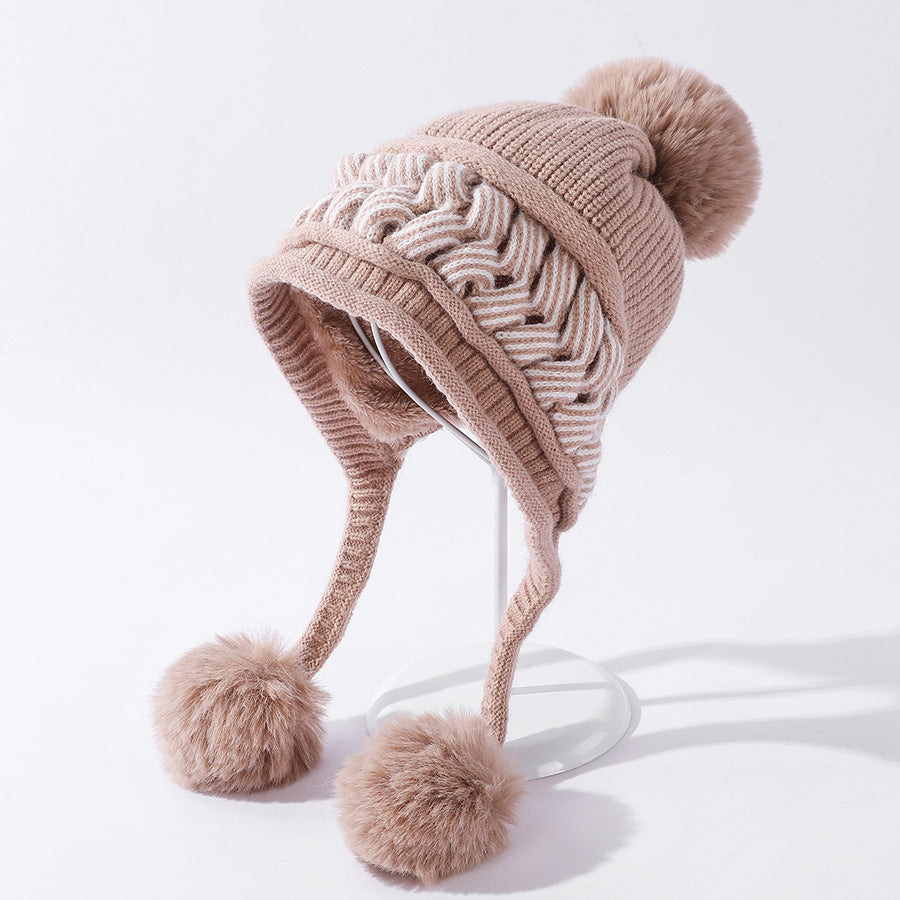 Color-blocking Twist Three-hair Ball Ear Protection Wool Hat