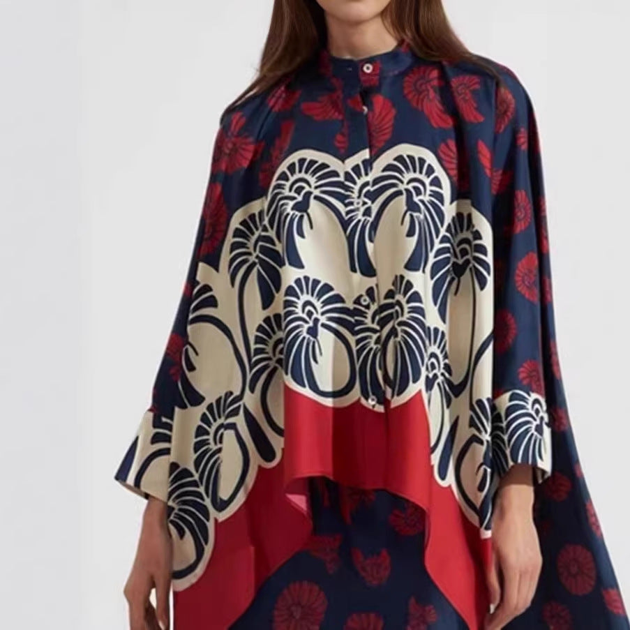 Printed Patchwork Peplum Shirt And Wide-Leg Pants Set