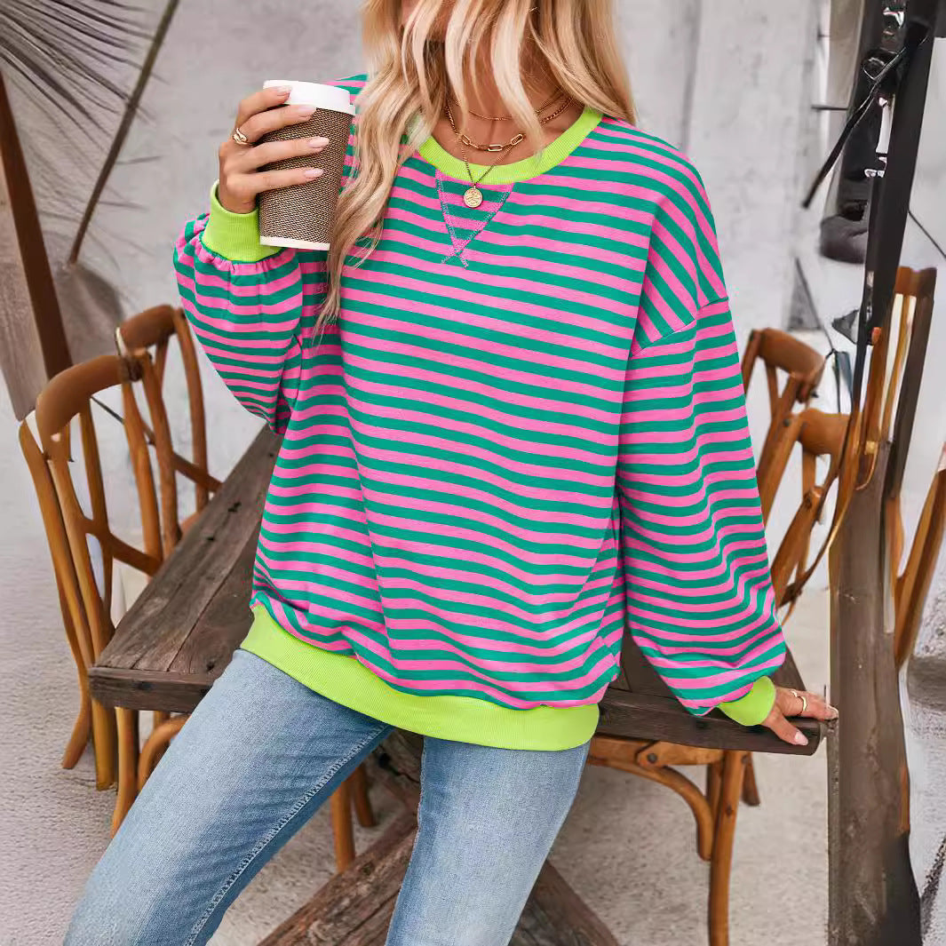 Løs stribet langærmet T-shirt afslappet pullover sweater til dametøj