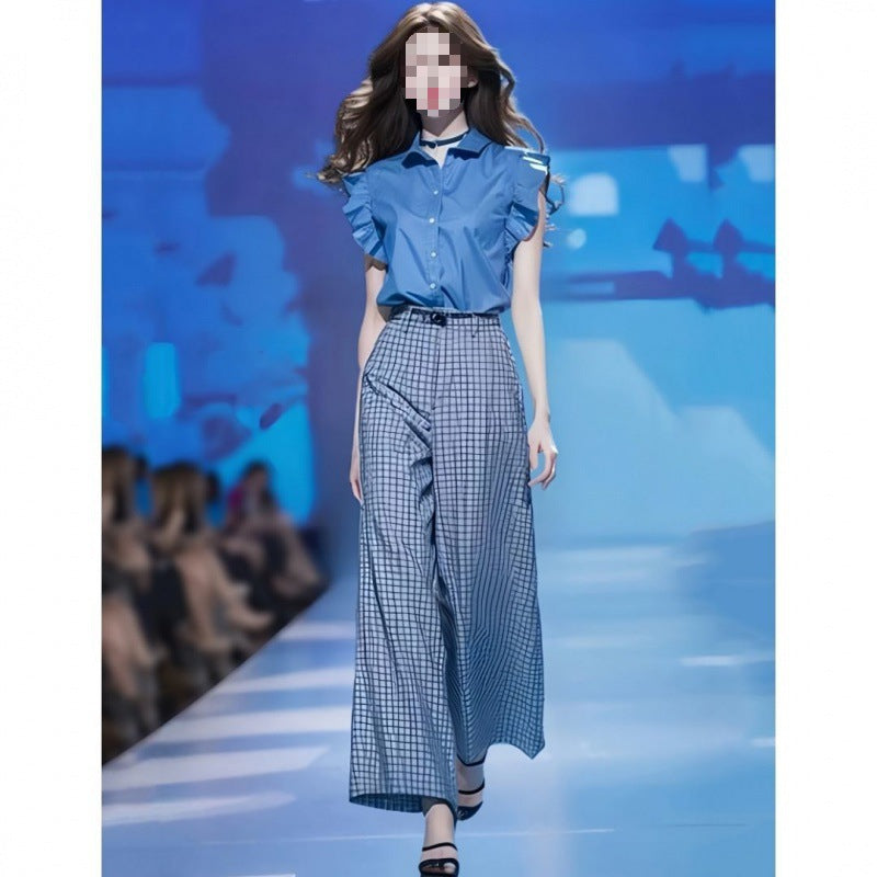 Blue Shirt And Loose Wide-leg Pants Two-piece Set