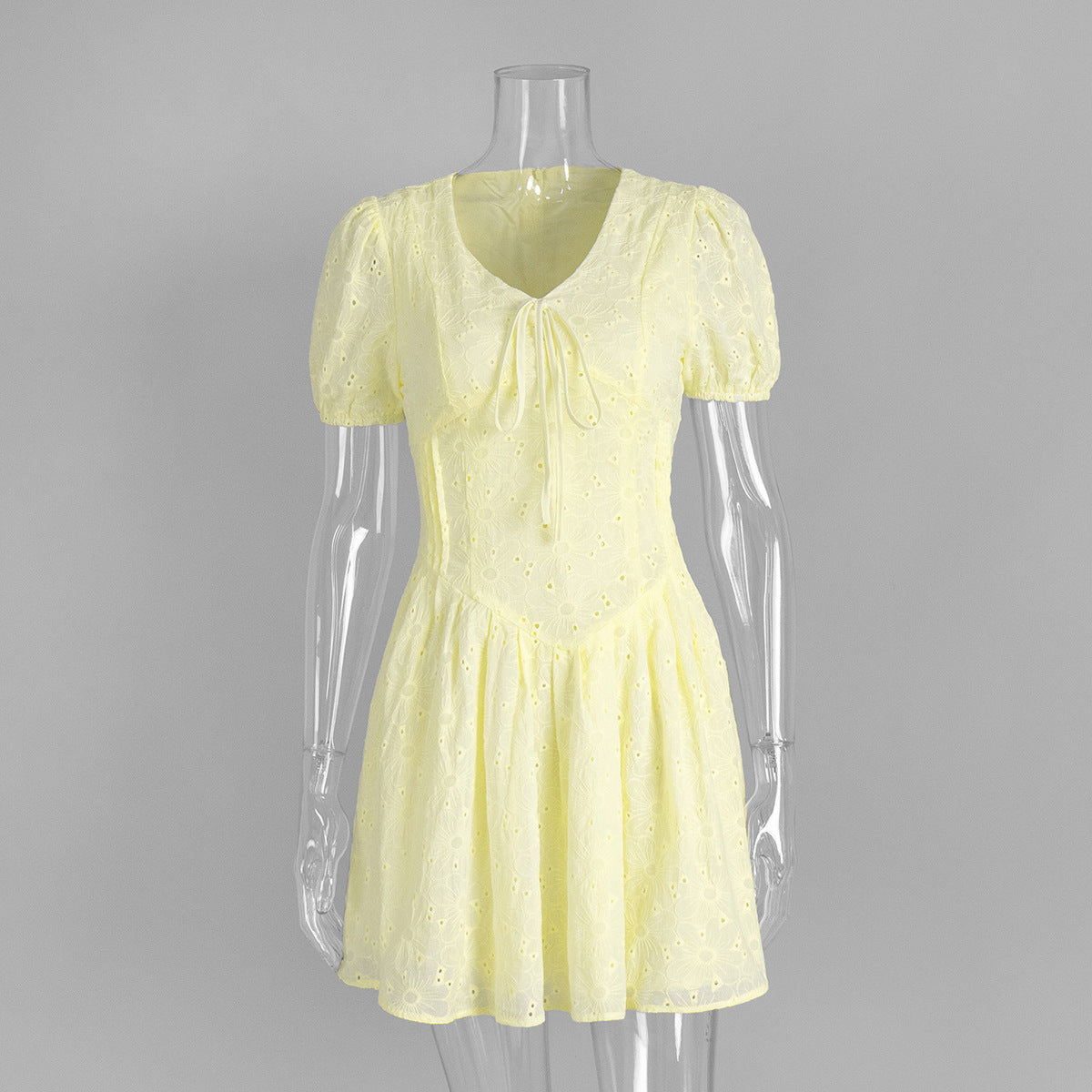 Waist Cinching Sexy Embroidered Mini Dress With A Tie