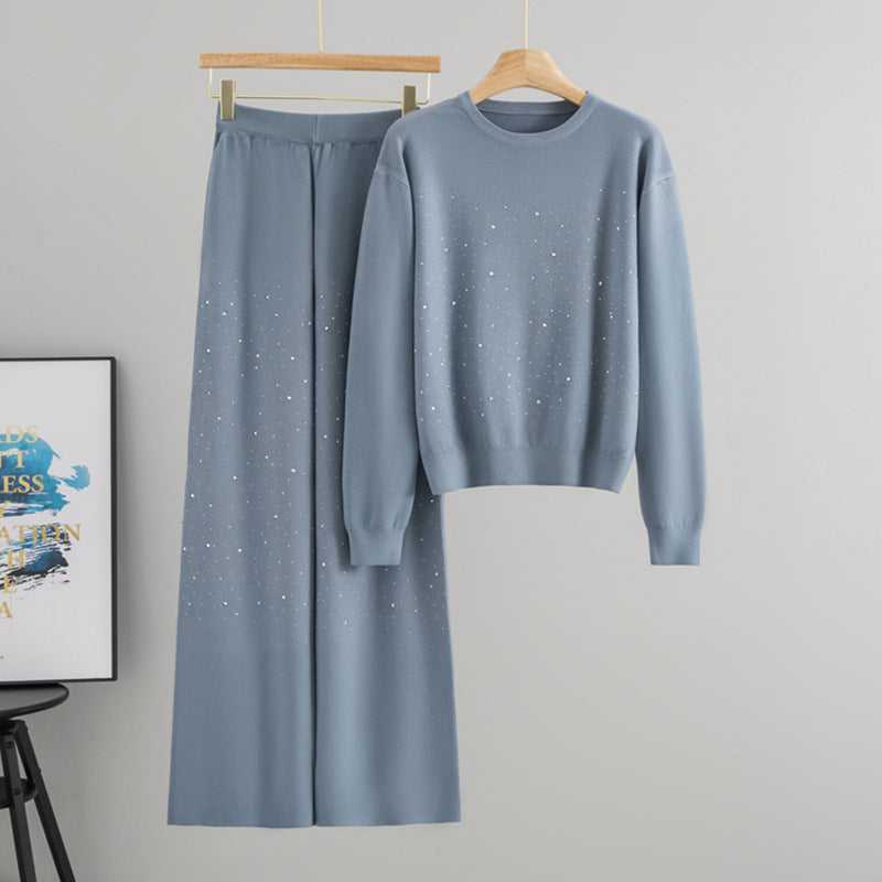 Starry Hot-Stone Round-Neck Pullover Knit Set