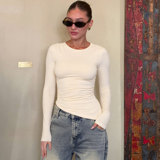 Dame Hot Girl Slim Fit Rund Hals Langærmet Skrå Top