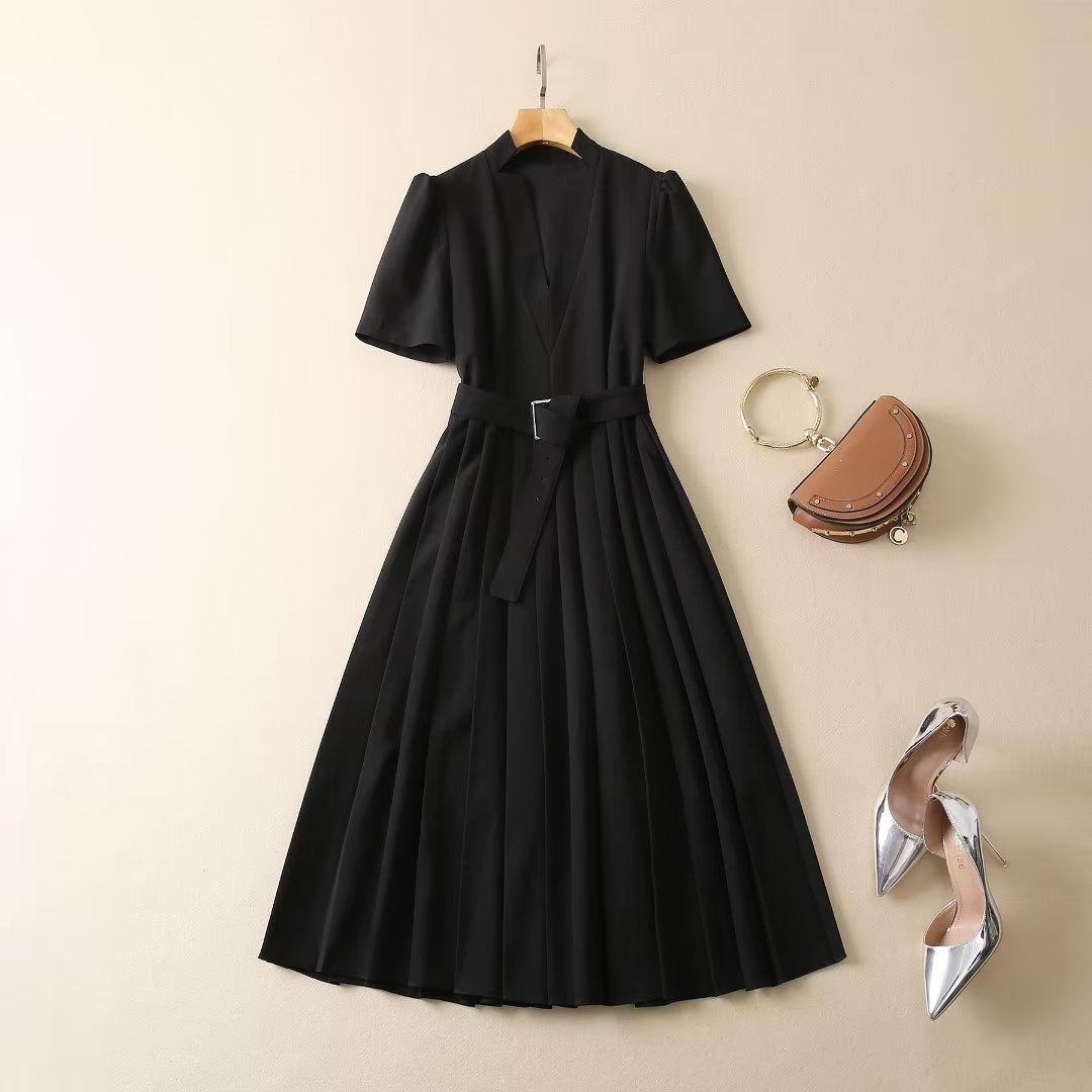 Slim Mid Length Compression Pleated Dress With Waist Closure