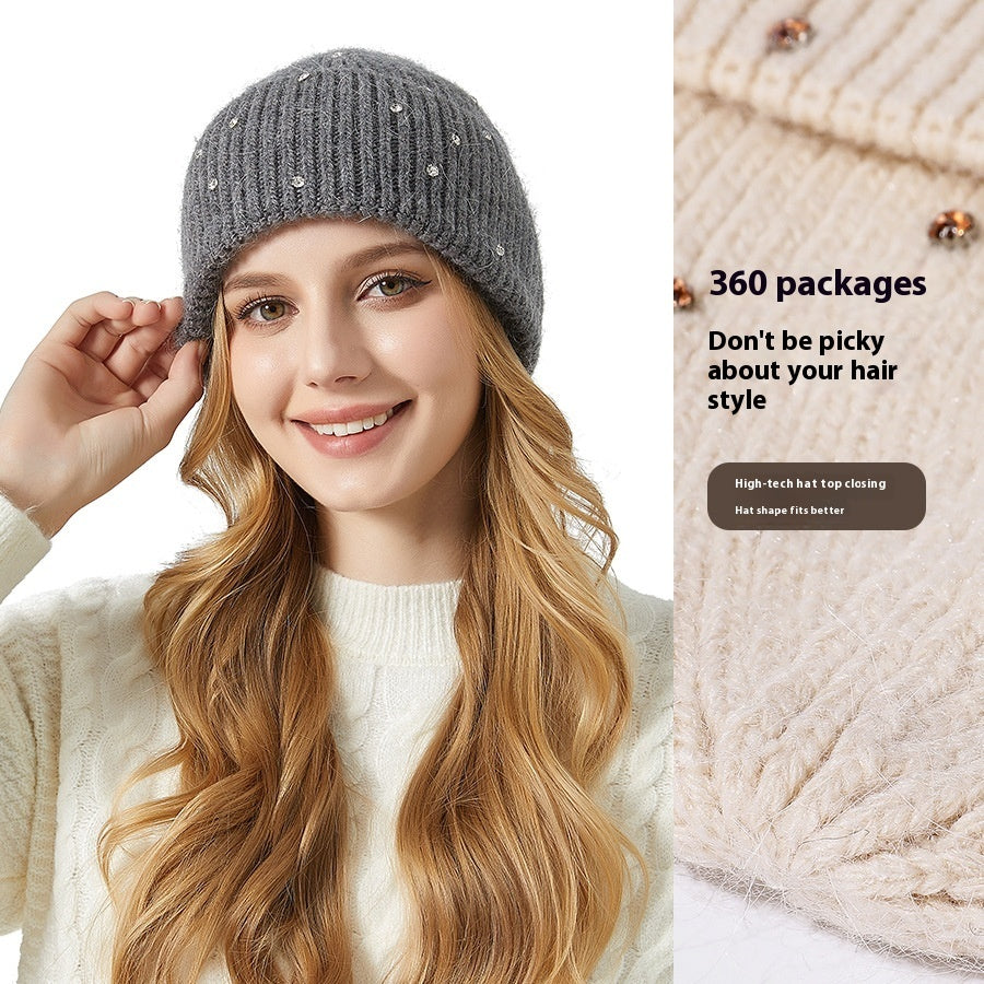 Exquisite Rhinestone Angola Rabbit Fur Hat Thickened Elastic Knitted Hat