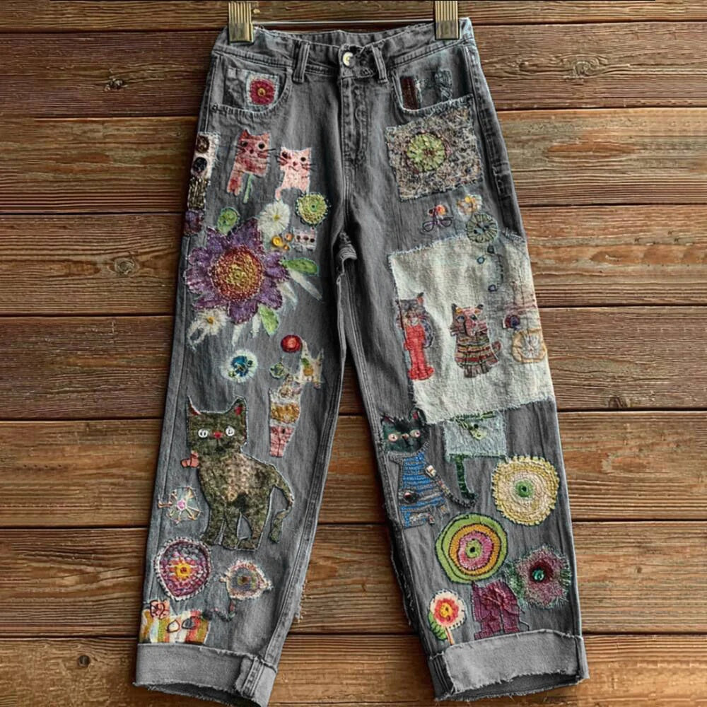 New 3D Heat-transfer Printed Flared Jeans-style Trousers In Faux Denim