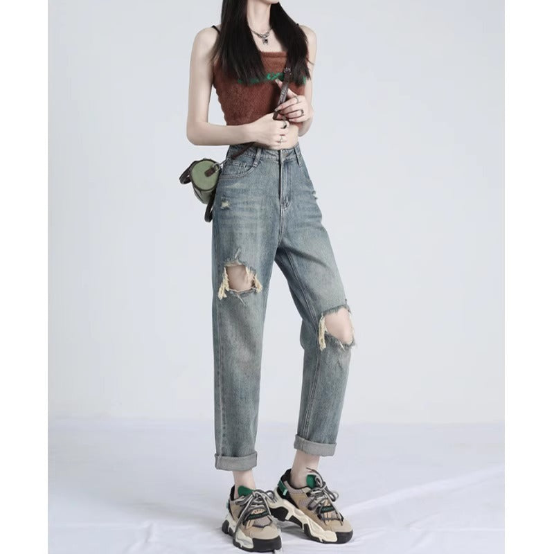 Ripped Daddy Jeans For Women Spring And Autumn New High Waist Loose Small