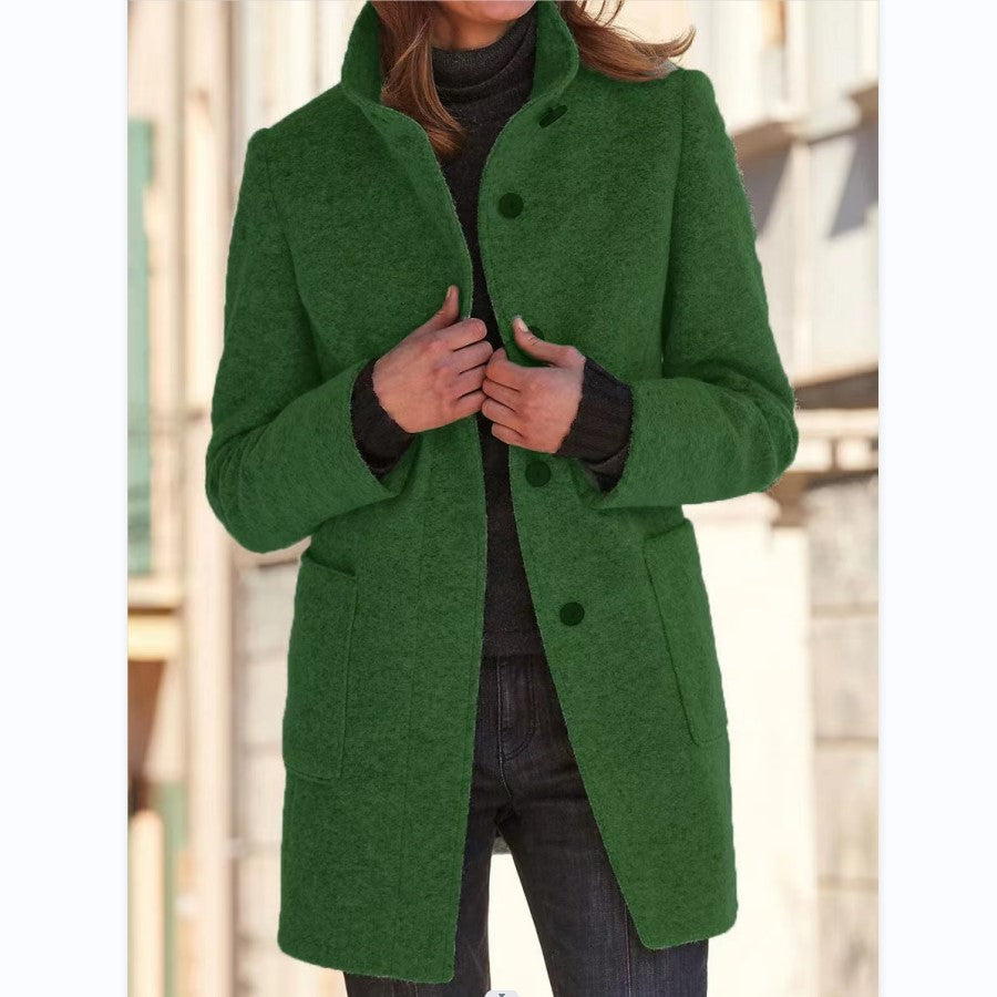 New Retro Solid Color Buttoned Turtleneck Wool Coat
