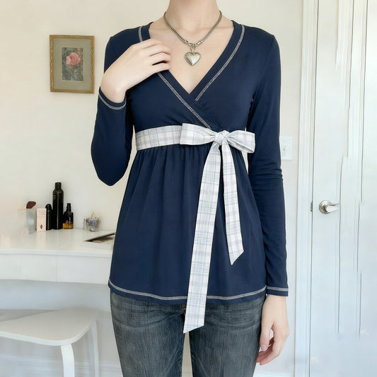 Womens Plaid Bow-Tie Cinched Waist Top