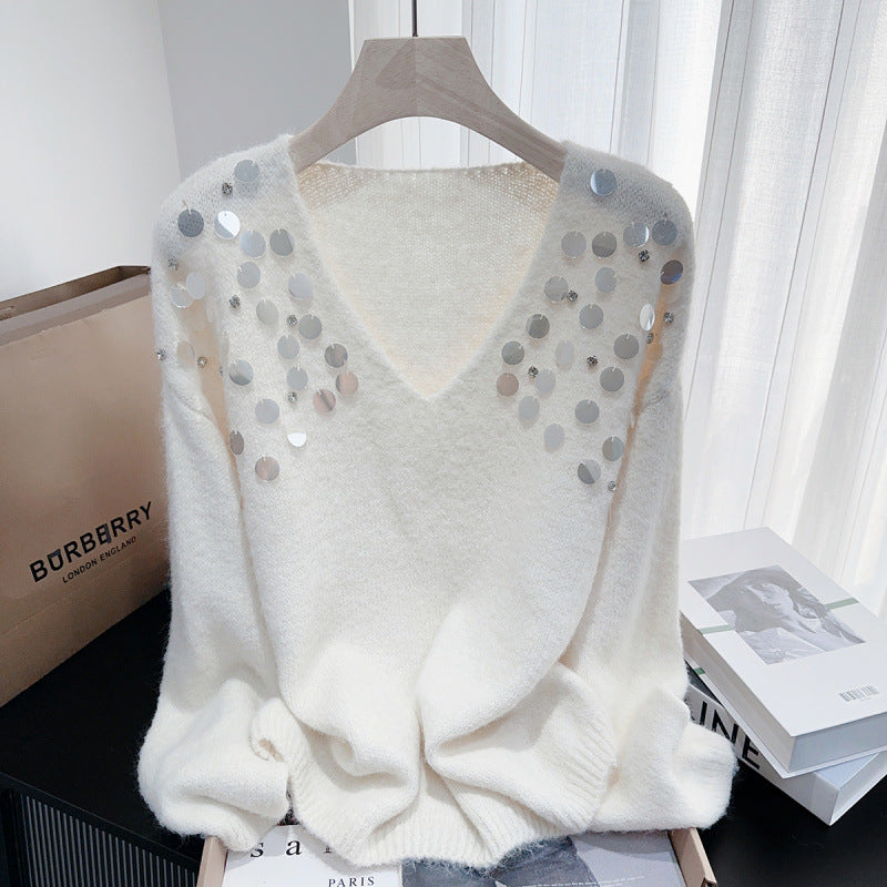 Chunky broderi pailletter diamant V-hals pullover hyggelig sweater