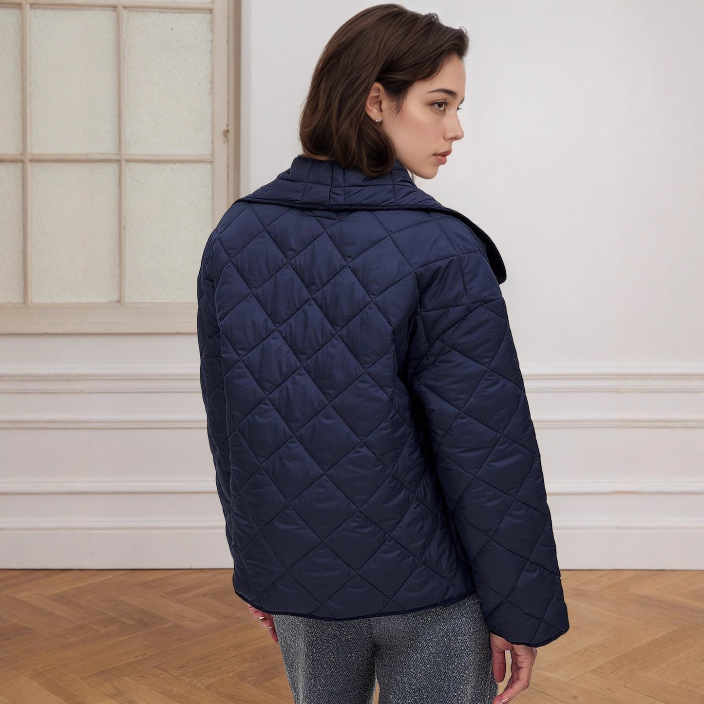 Sapphire Blue With Rhombic Quilted Short Loose Design Cotton-padded Coat
