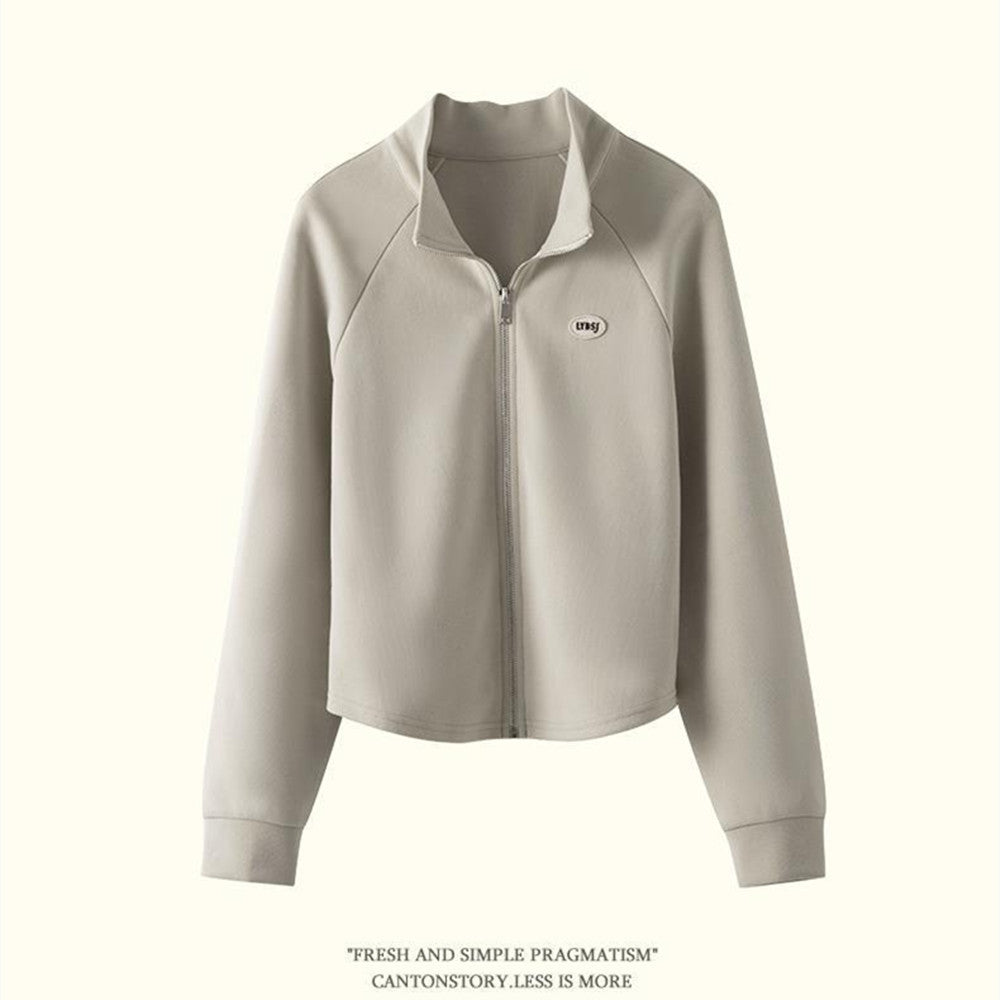 Kvinders Sports Raglan Sweater Kort Broderi Lynlås Cardigan Overtøj