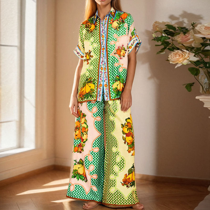 Womens Fashion Printed Color-block Top And Pants Set
