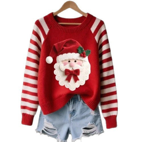 3D Digital-Print Womens Crew-Neck Loose Retro Jacquard Pullover Sweater