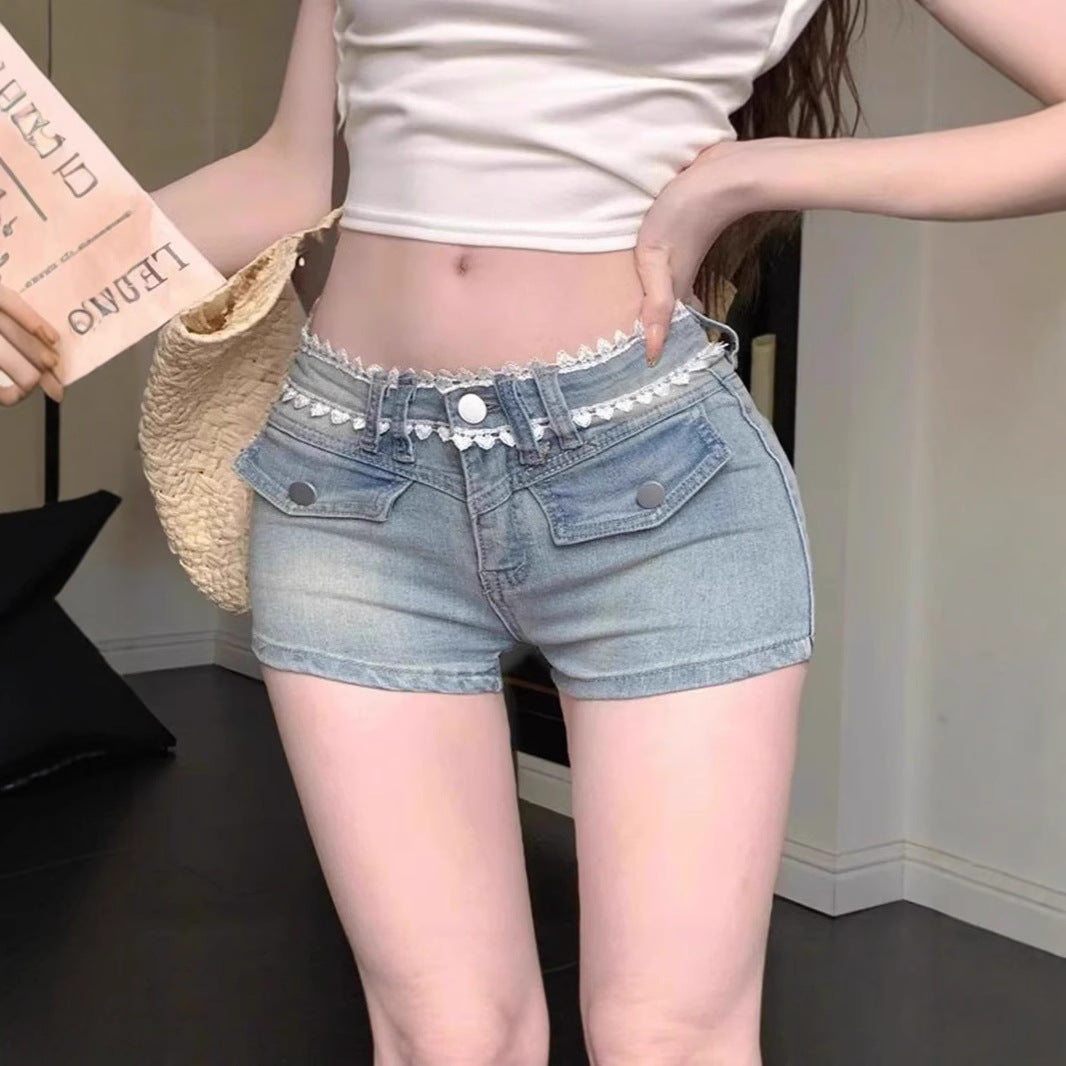 French Lace-Trimmed Hip-Fitting Denim Shorts
