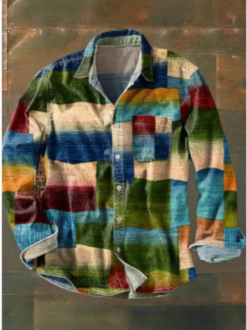 Retro Color Matching 3D Printed Men's Long Sleeve Button Shirt