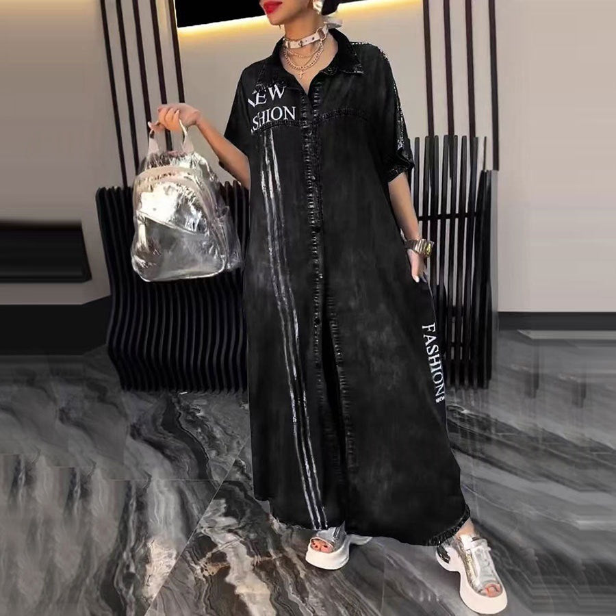Spring Summer Mid-Length Denim Printed Dress