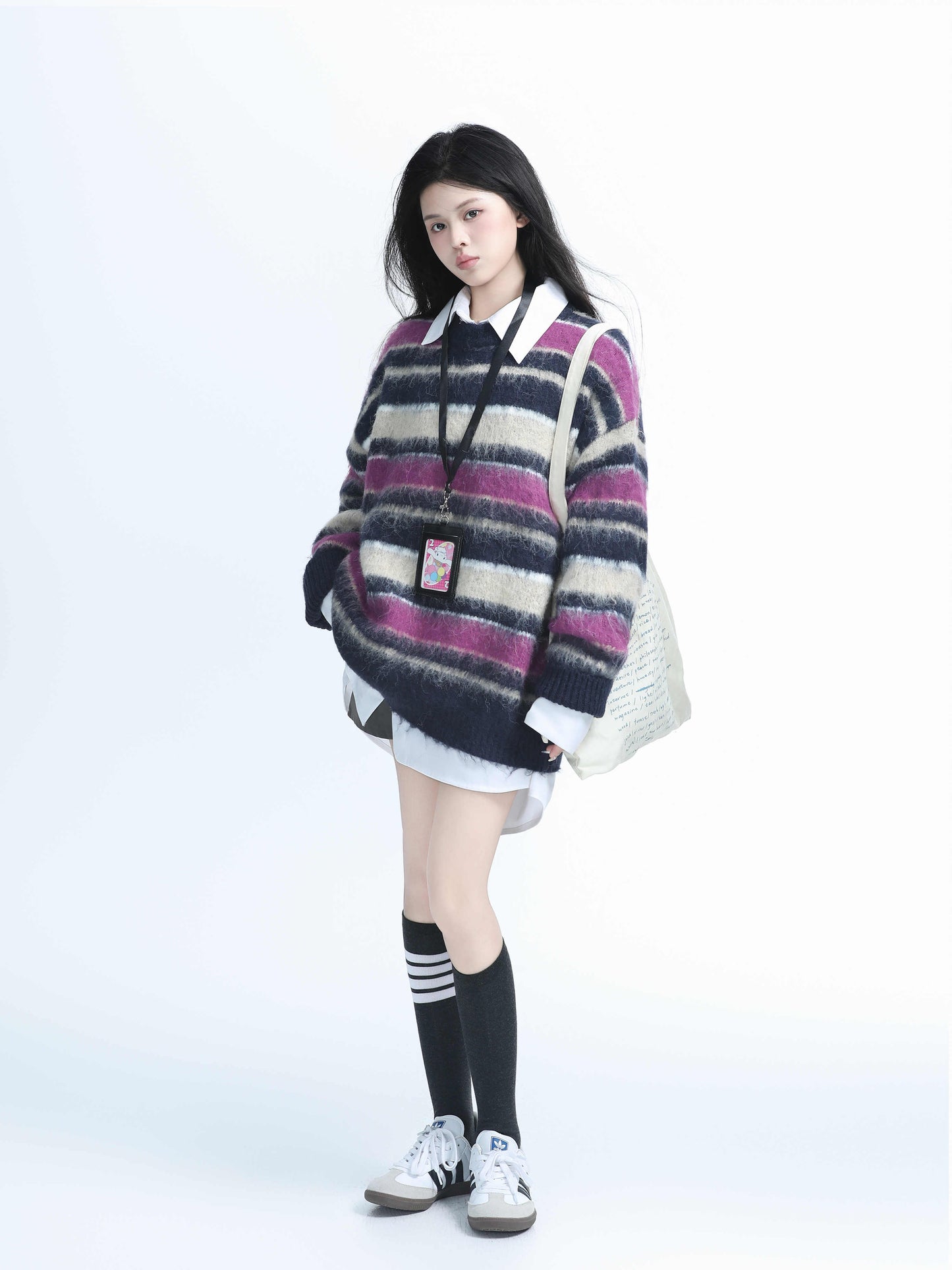 Original American Retro Contrast Color Striped Knitted Sweater For Women