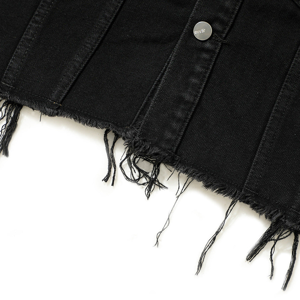 Ripped Frayed Cat Beard Short Vest Denim Men's Trendy Sleeveless Jacket