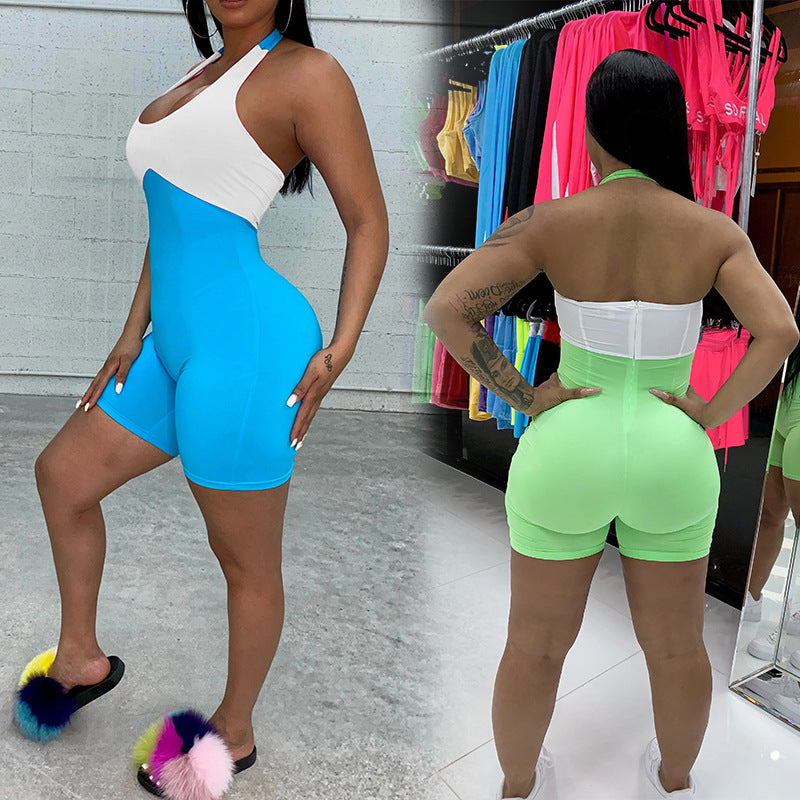 Women's Contrast Color Halter One-piece Shorts