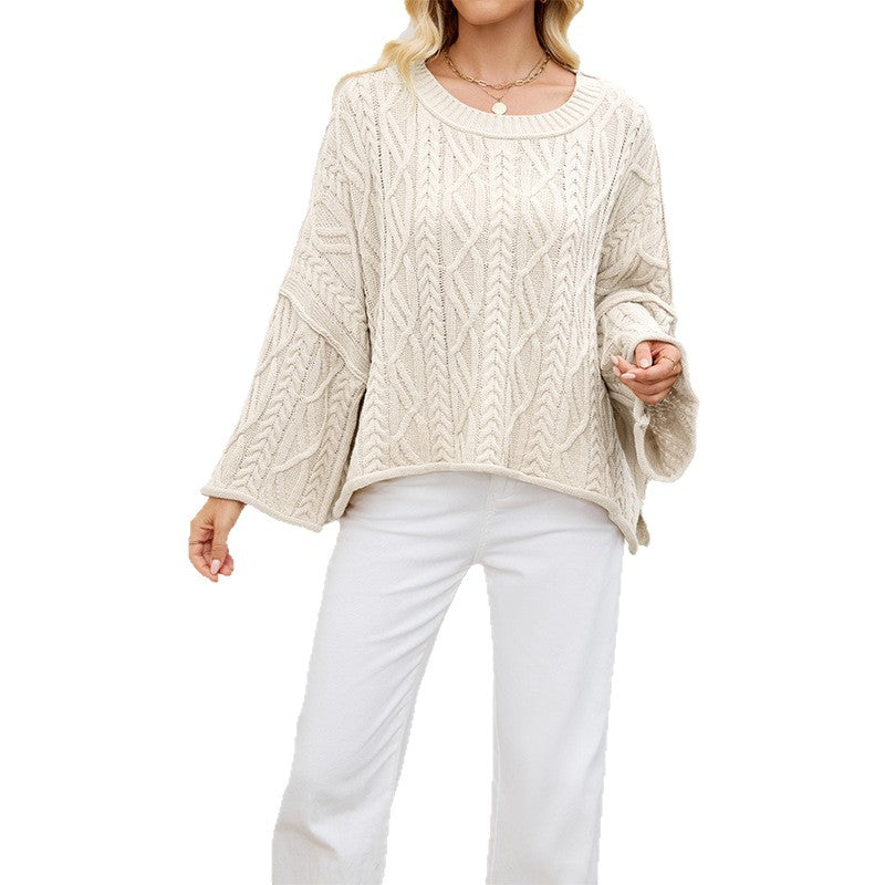 2 O-neck Short Cable Loose-fitting Solid Color Sweater