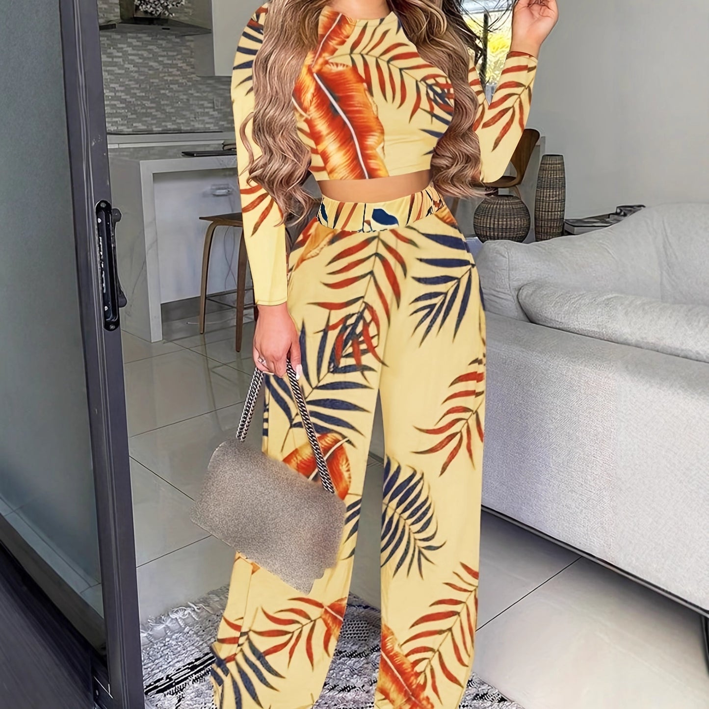 Two-piece Printed Long-sleeve Pants Set For Women
