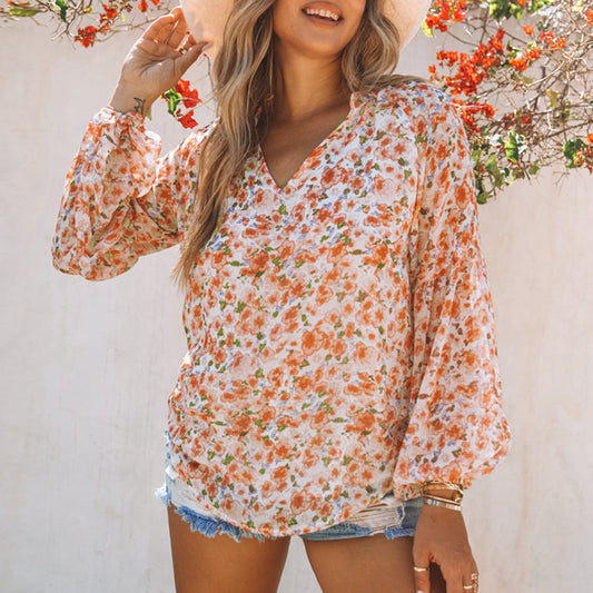 Dames Floral Chiffon Skjorte Løs V-hals Casual Top