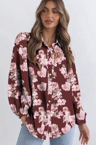 Brown Floral Puff Sleeve Lightweight Shirt