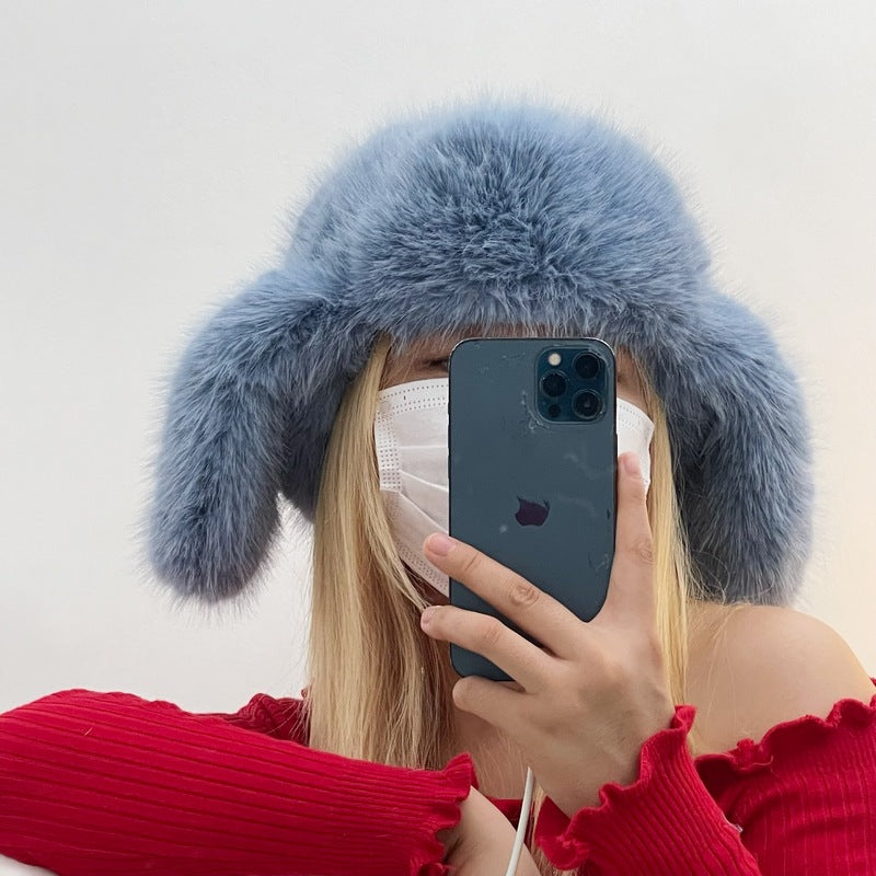 Blå Minkfløjl Ushanka Dame Nordøst Plys Hjelm