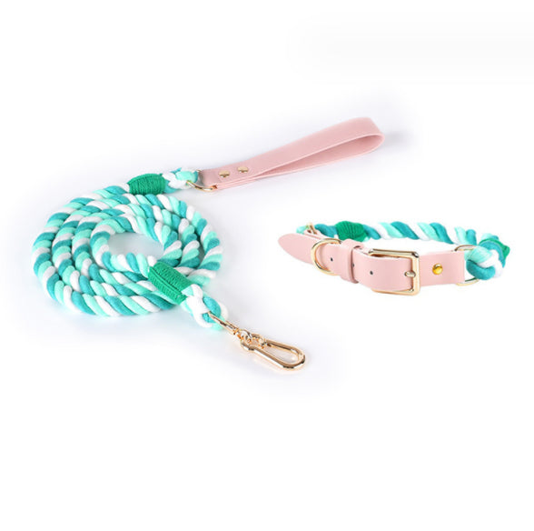 Woven Cotton Rope Leather Pet Dog Collar Suit