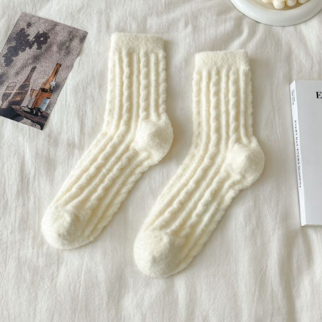 Thick Solid-color Mid-calf Cotton Socks For Women
